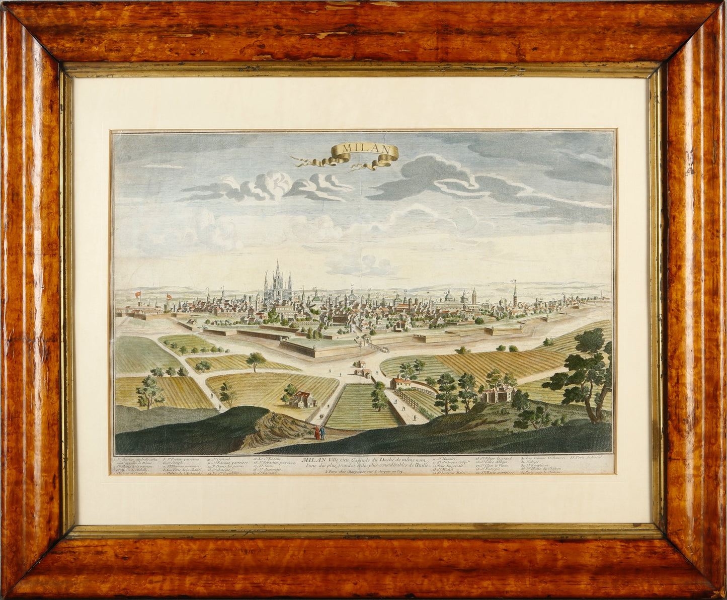 Antique Hand-colored Engraving - View of Milan - Cityscape of Italy - P. Aveline