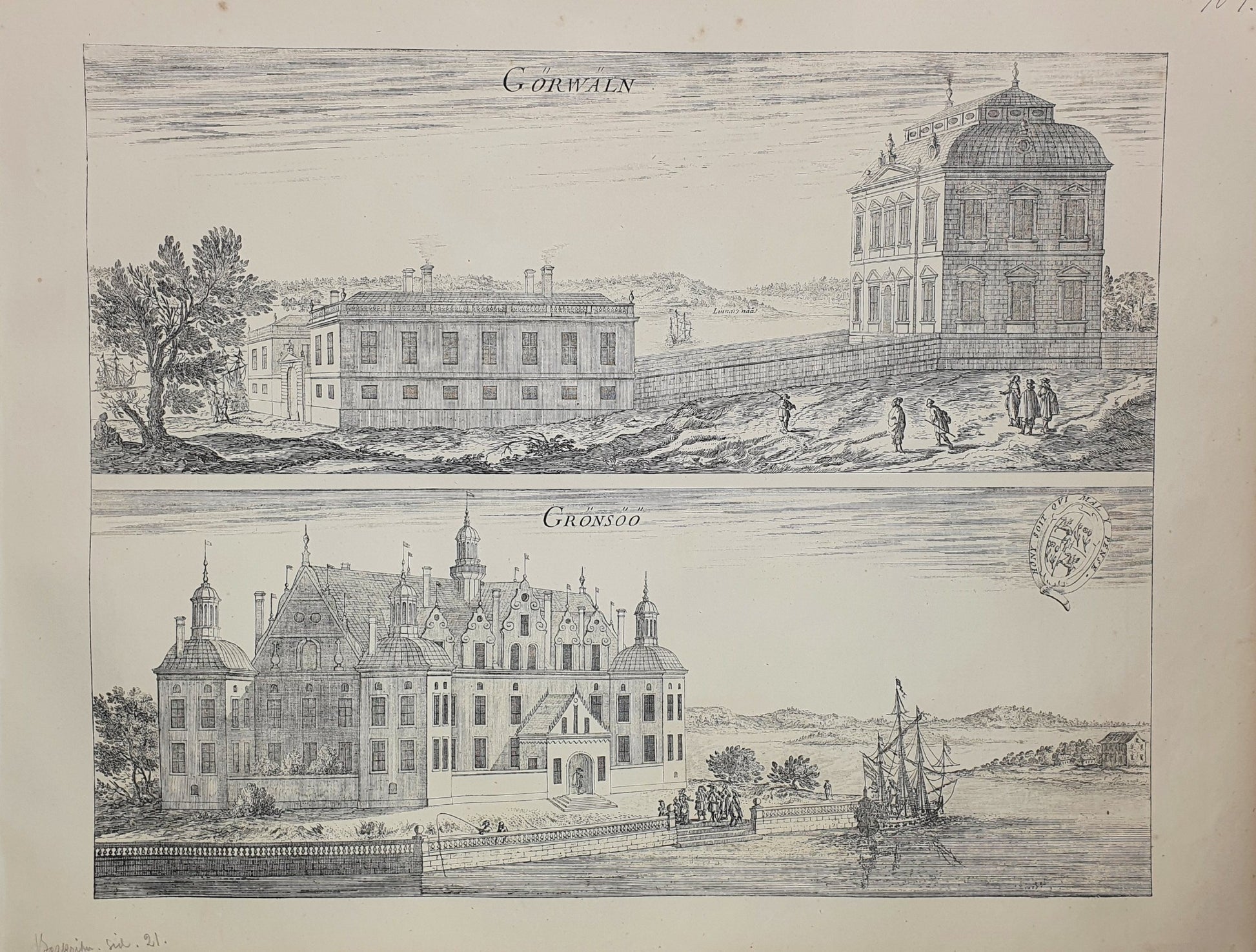 Antique Topographical Print - Gorvalns Castle, Jarfalla - Gronso Castle - Sweden - Dahlströms Fine Art