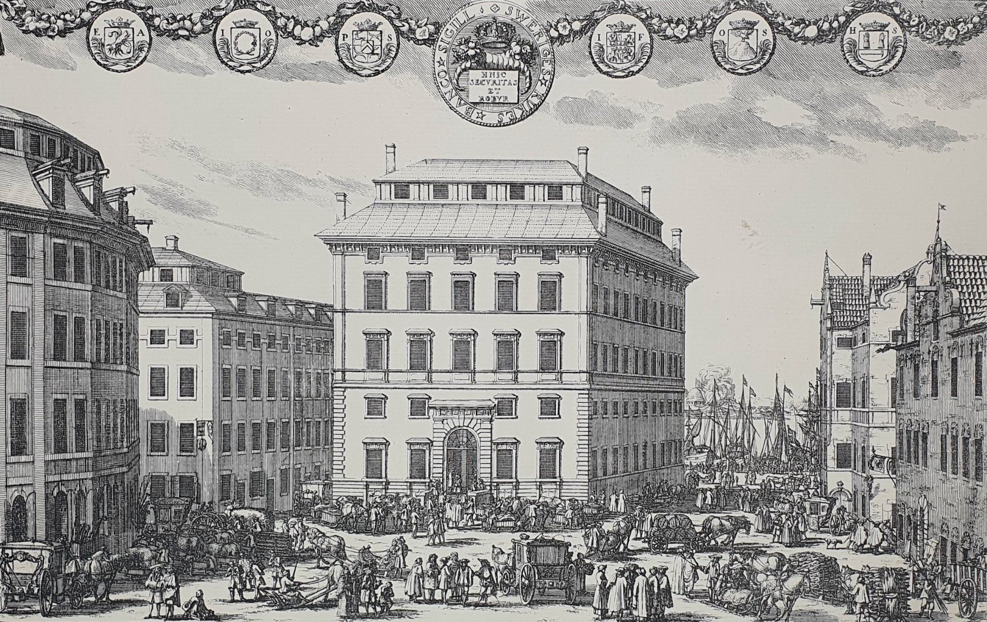 Antique Topographical Print - Sodra Bankohuset - Stockholm - Sweden - Dahlströms Fine Art