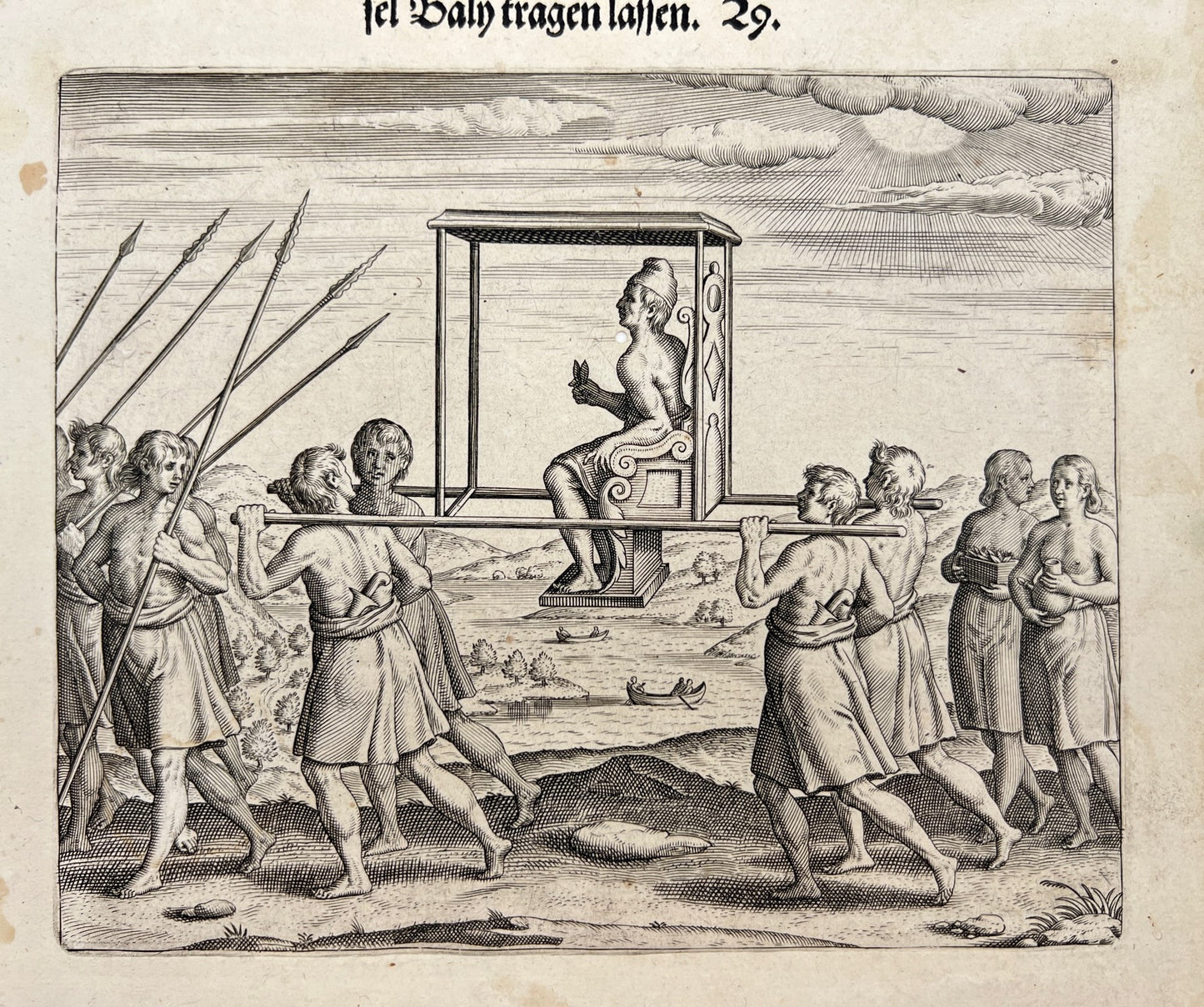 Antique Print - How Prince is Carried on Baln Island - Johann Theodor de Bry