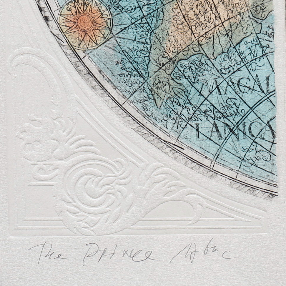 World Map Print 1988 with Decorations Battleship HMS Prince - Signed - Dahlströms Fine Art