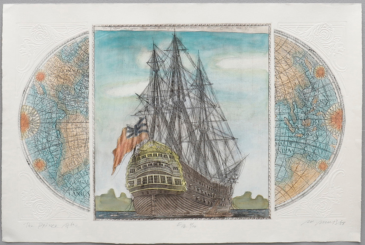 World Map Print 1988 with Decorations Battleship HMS Prince - Signed - Dahlströms Fine Art