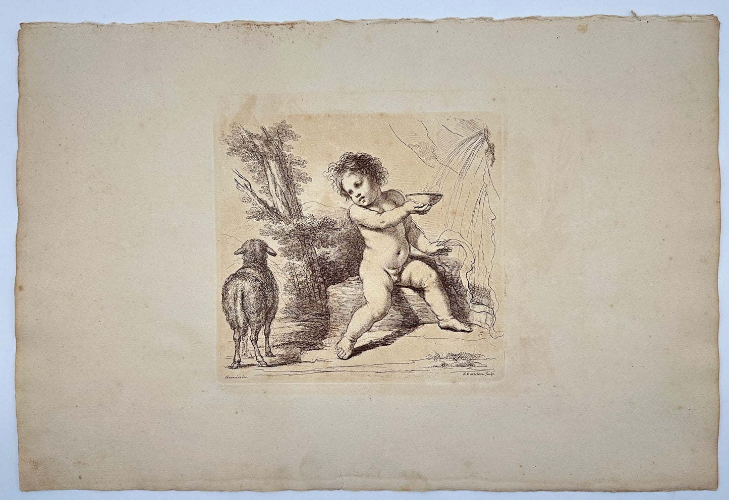 Original Engraving - Child and Sheep - Guercino - Francesco Bartolozzi - 1764