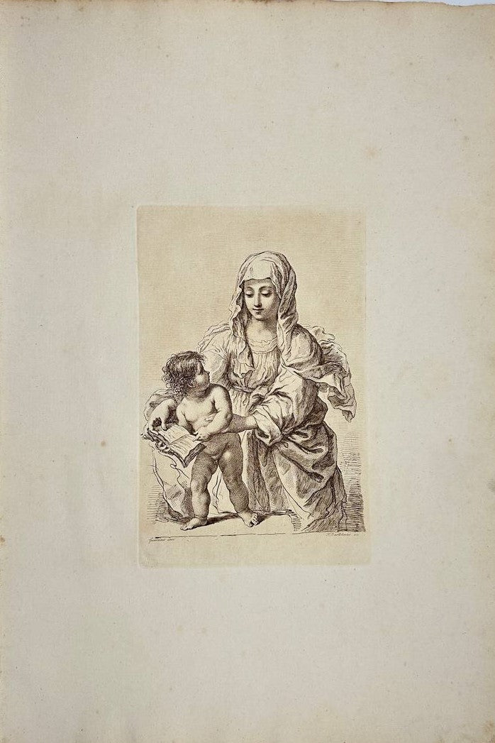Antique Engraving - Virgin Mary and Child Holding a Book - Bartolozzi - Guercino