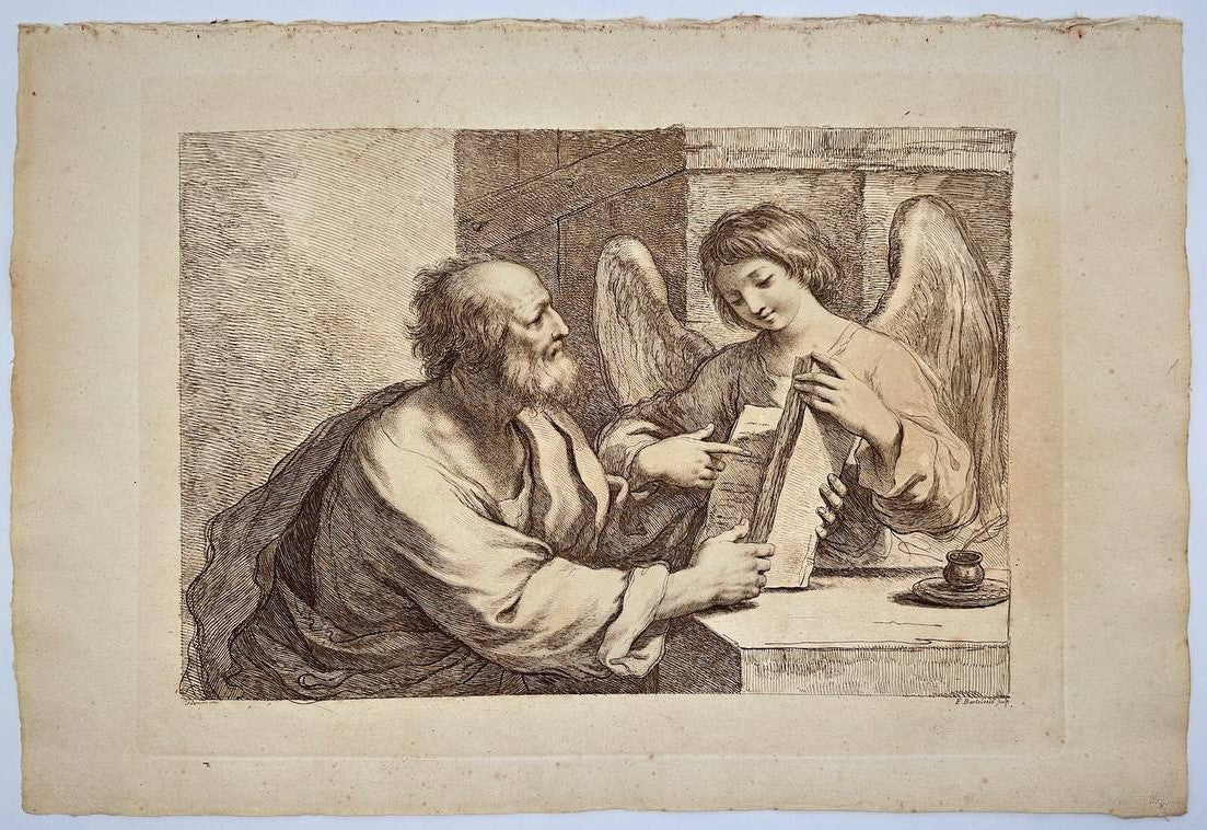 Rare Print - Saint Matthew with an Angel and Book - Matthew is Seated at a Table
