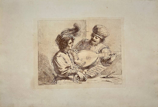 Rare Print - Young Man Singing, Accompanied on Guitar By Older Man - Guercino