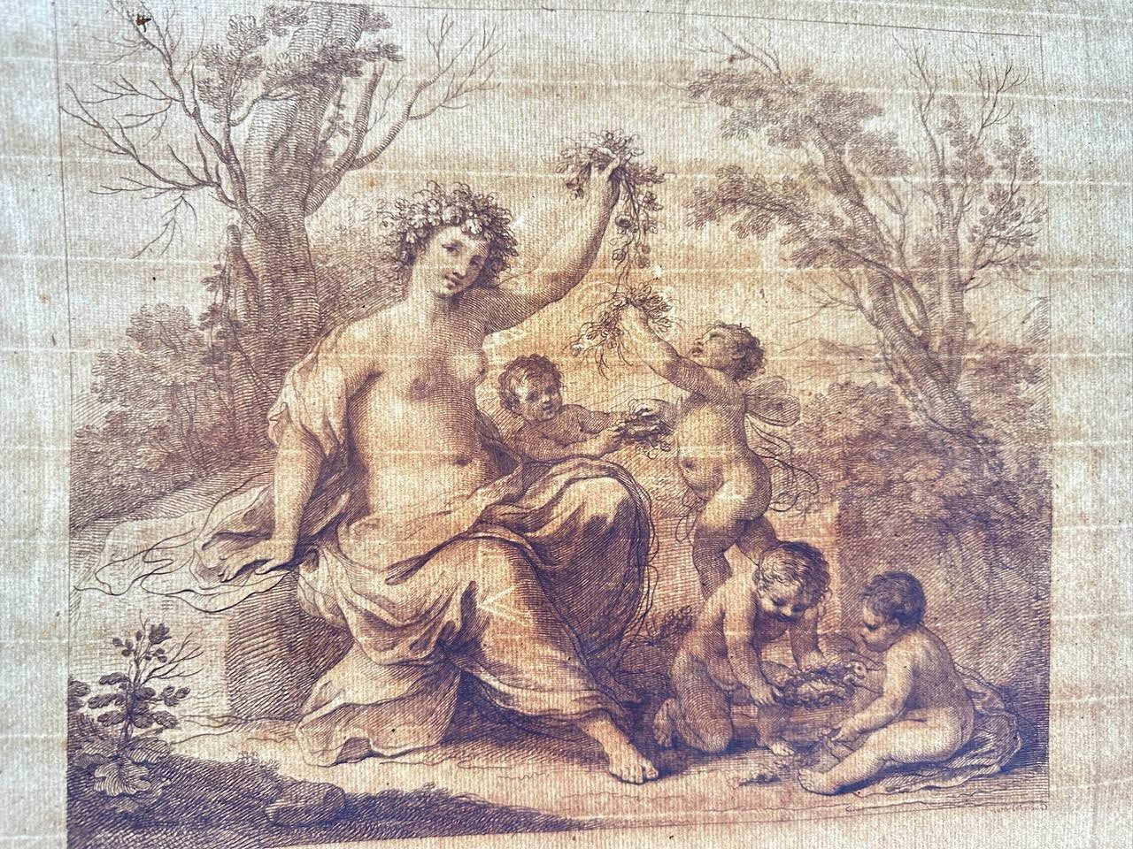 Rare Engraving - Flora with Four Putti - Francesco Bartolozzi - Guercino - 1764