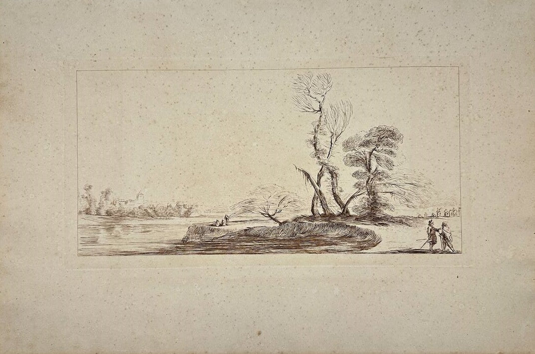 Rare Engraving - "River Landscape with Travelers and Fishermen" - Giovanni