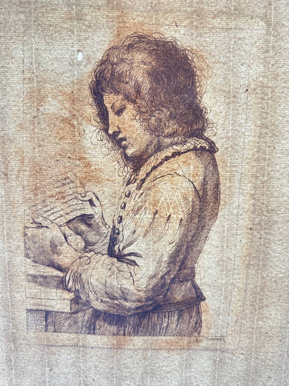Engraving - Young Man Reading, Standing at the Table - Francesco Bartolozzi