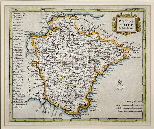 Antique Colouring Print - Devonshire Map - Robert Morden - England - 1701