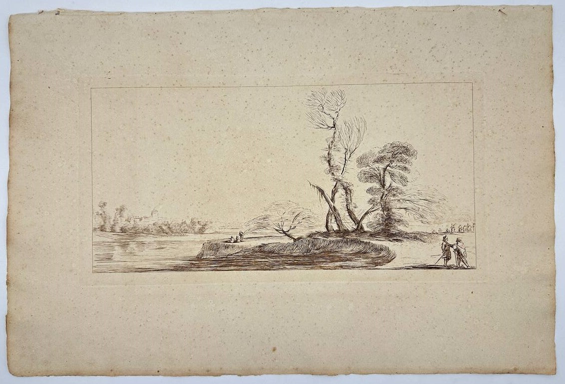 Rare Engraving - "River Landscape with Travelers and Fishermen" - Giovanni
