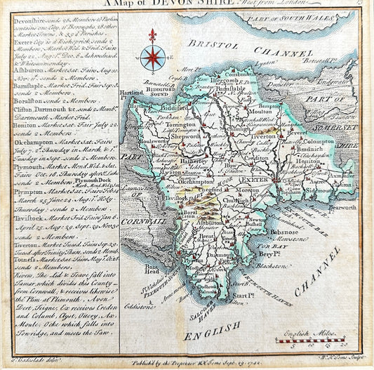 Original Hand Colored Engraving - A Map Of Devon Shire - West From London - 1742