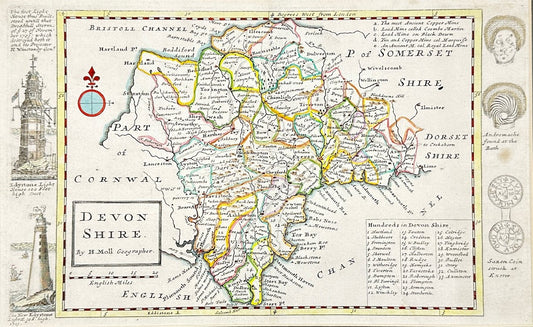 Antique Engraving - Devonshire Map - Herman Moll - County of Devon - England