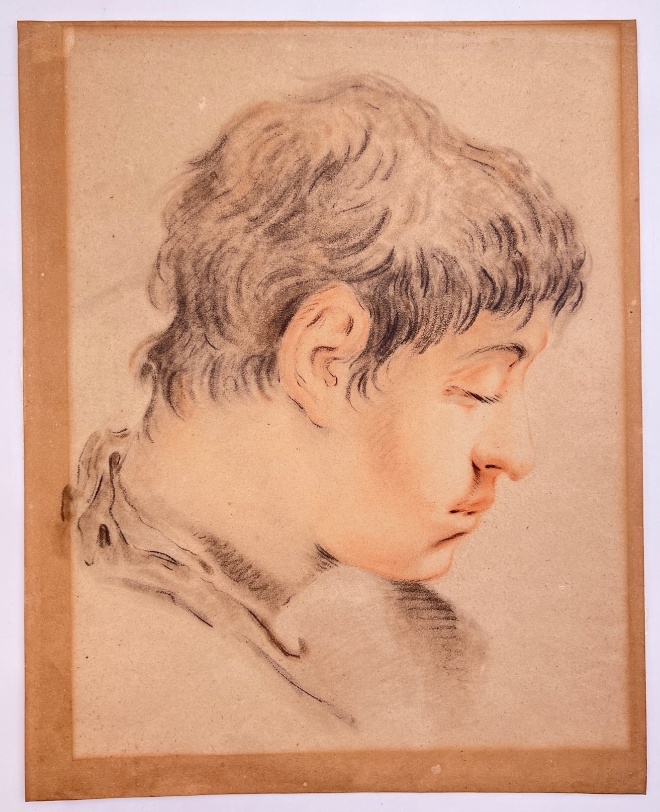 Antique Drawing - Portrait of a Young Man - Carbon/Sepia - 20th Century - Italy
