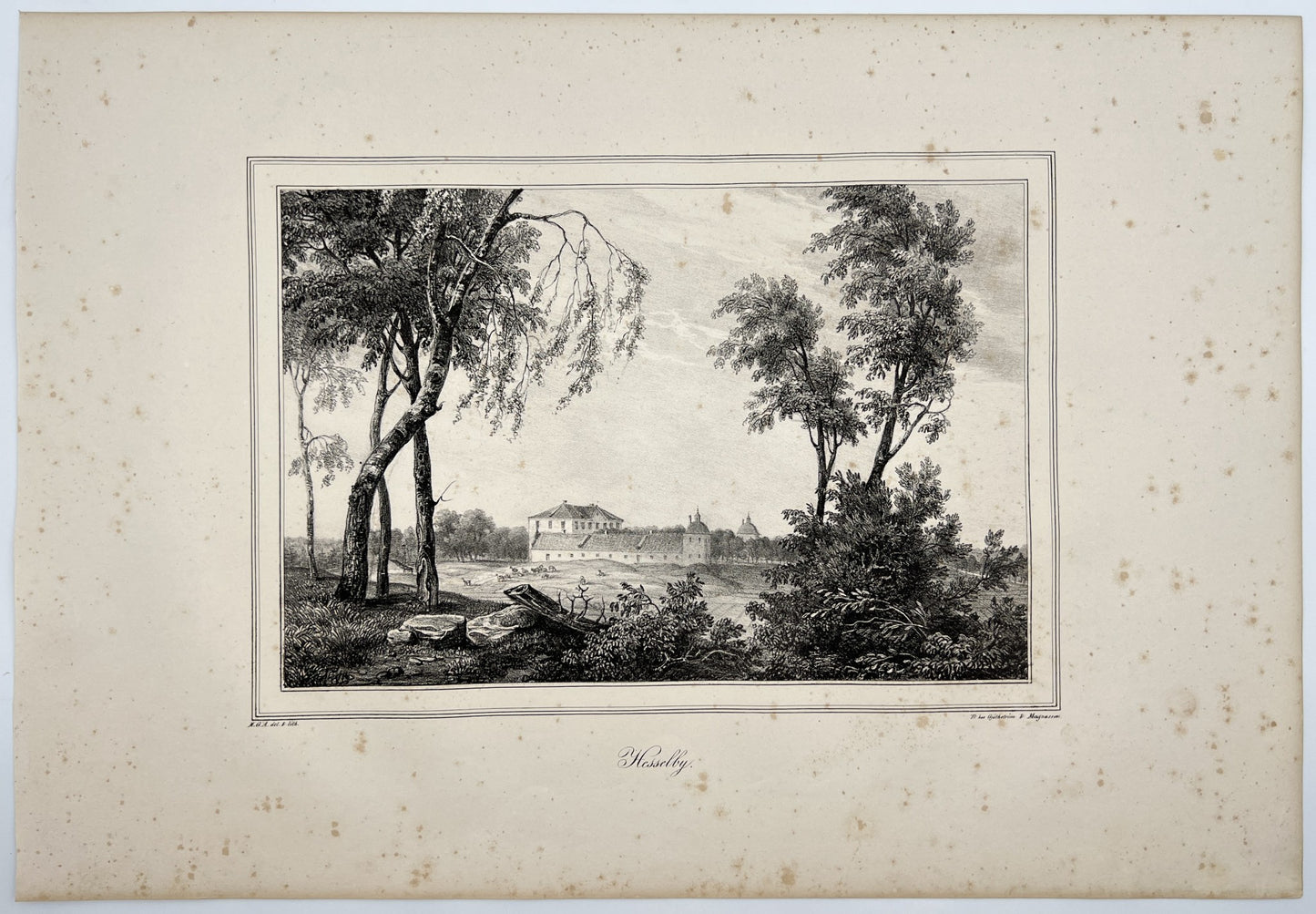 Antique Aquatint - A View of Hasselby Palace - Stockholm Municipality - Sweden