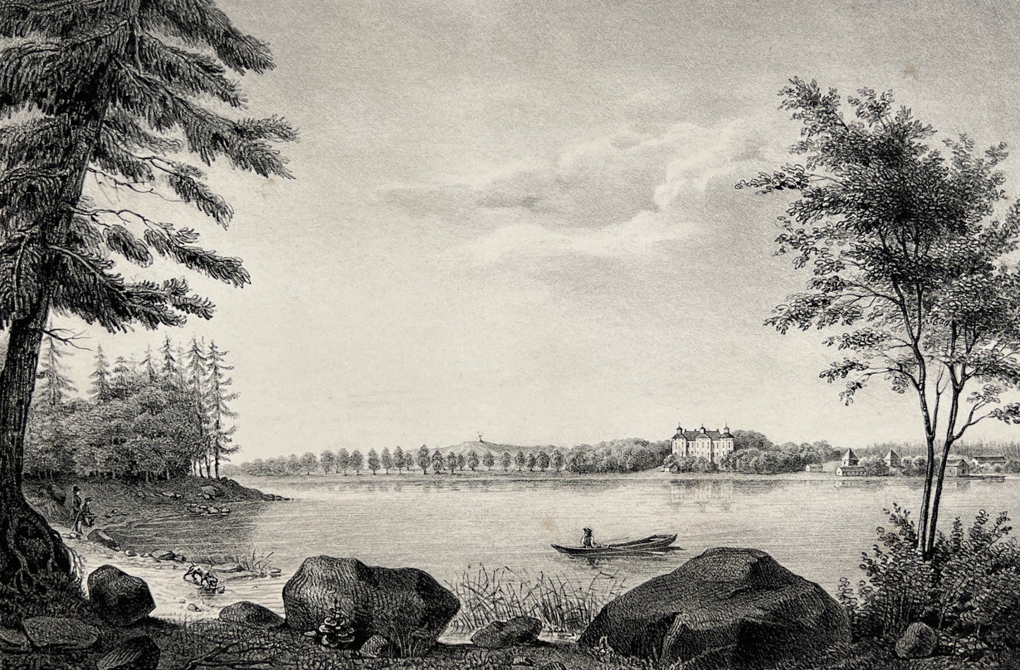 Antique Aquatint - View of Sjoo Castle - Enkoping, Uppland - Landscape of Sweden