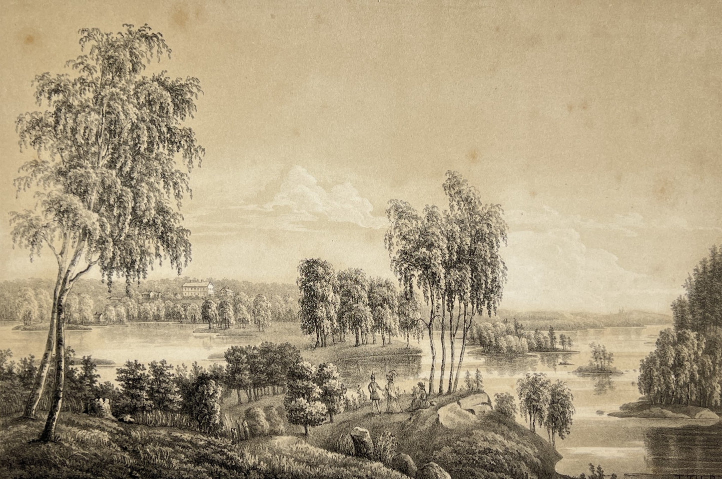 Antique Aquatint - View of Rodjenas Palace - Vetlanda Municipality - Sweden