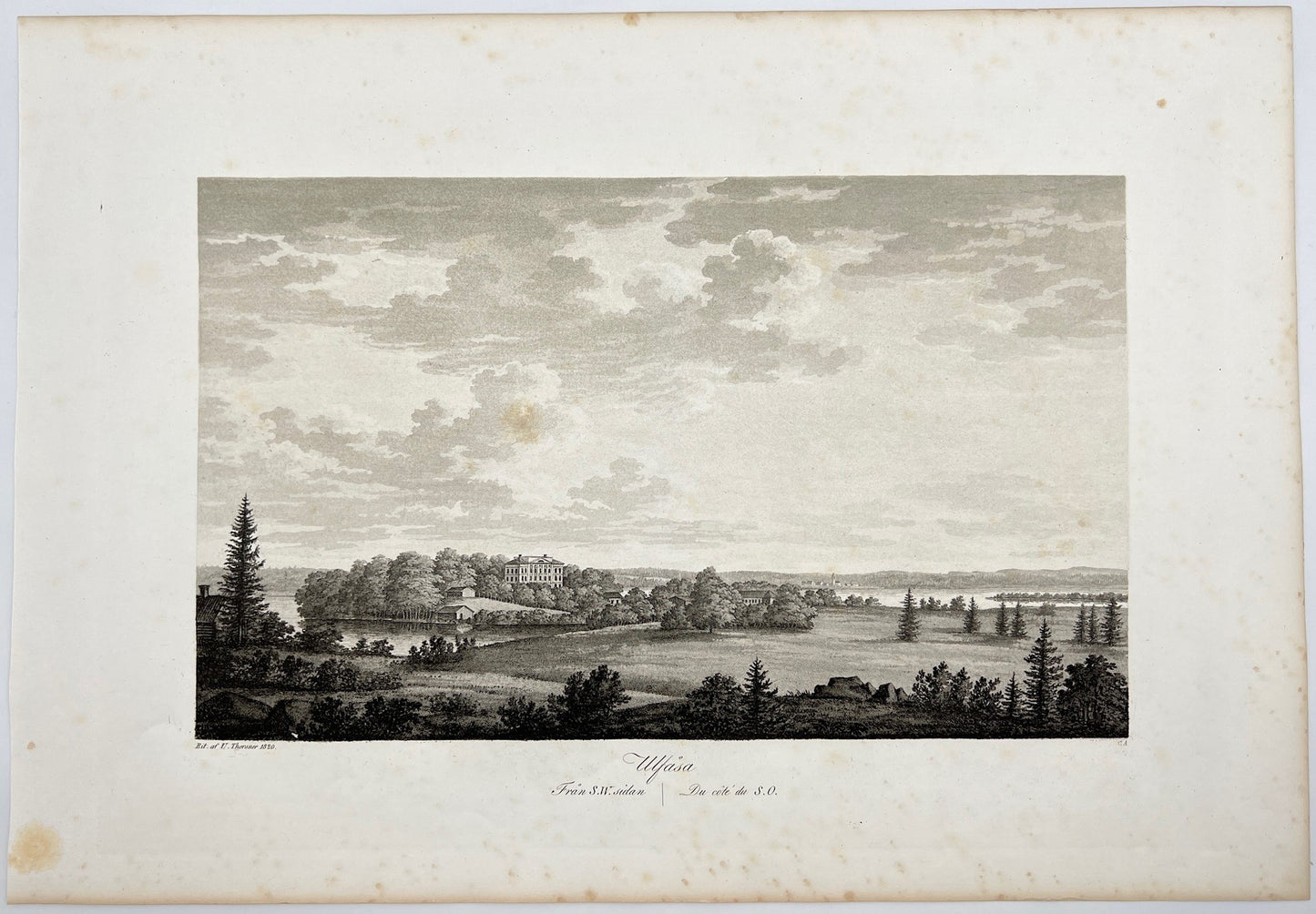 Antique Aquatint - View of Ulvasa Manor - Ostergotland - Boren - Motala - Sweden