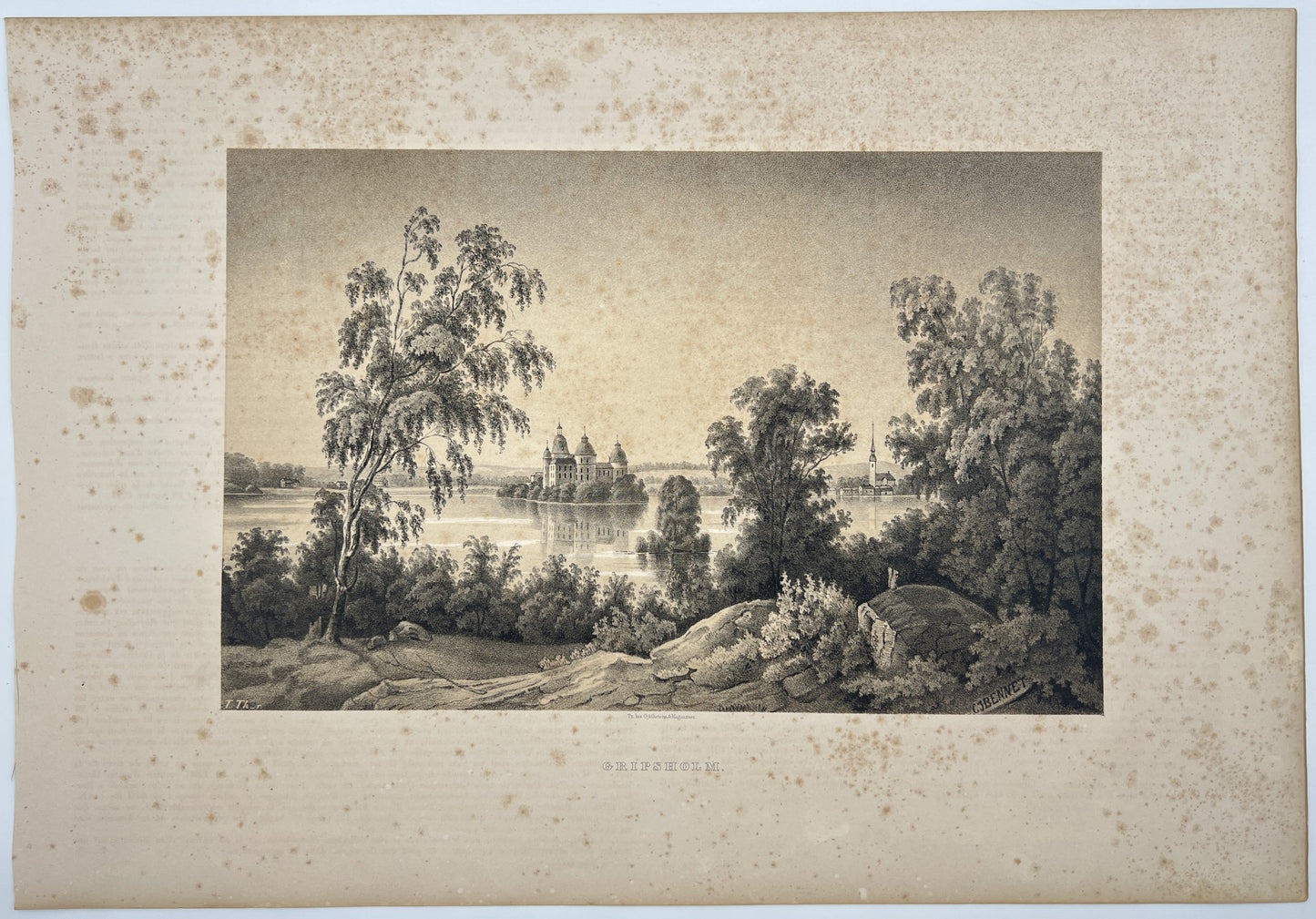 Antique Aquatint - View with the Gripsholm Castle - Mariefred - Malaren - Sweden