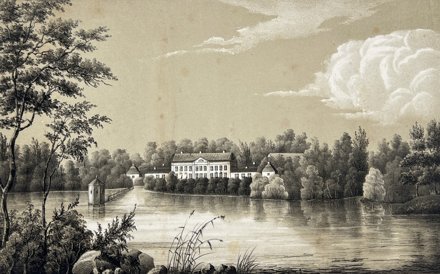 Antique Aquatint - View with Navekvarn Manor - Tunaberg - Sodermanland - Sweden