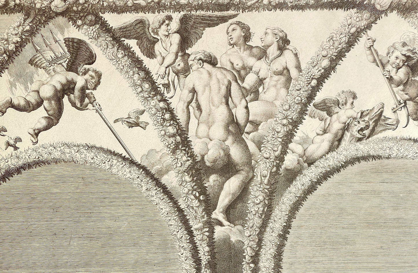Antique Engraving - Cupid Punished - Mythology - Nicolas Dorigny after Raphael