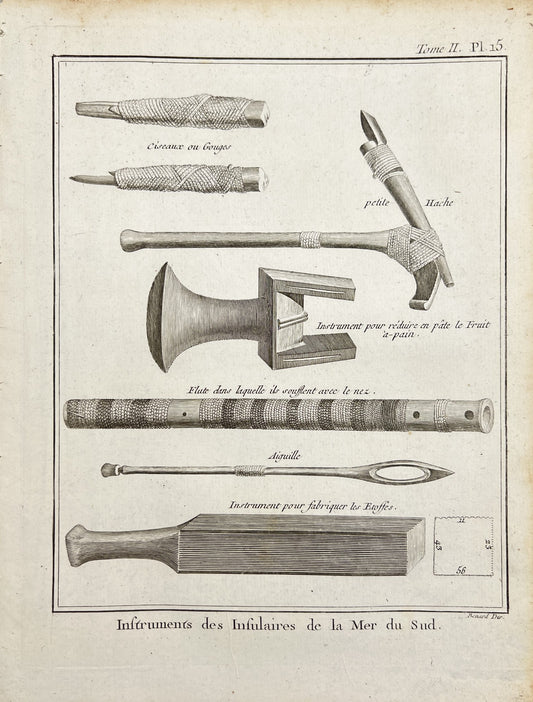Antique Print - James Cook Objects - Instruments of South Sea Islanders - Tahiti