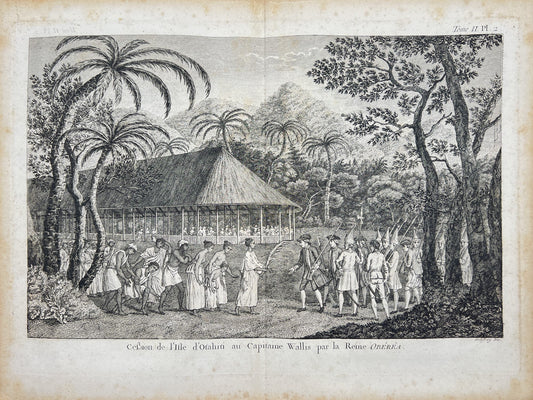 Antique Engraving - James Cook - History of Tahiti - Queen Purea - Matavia Bay