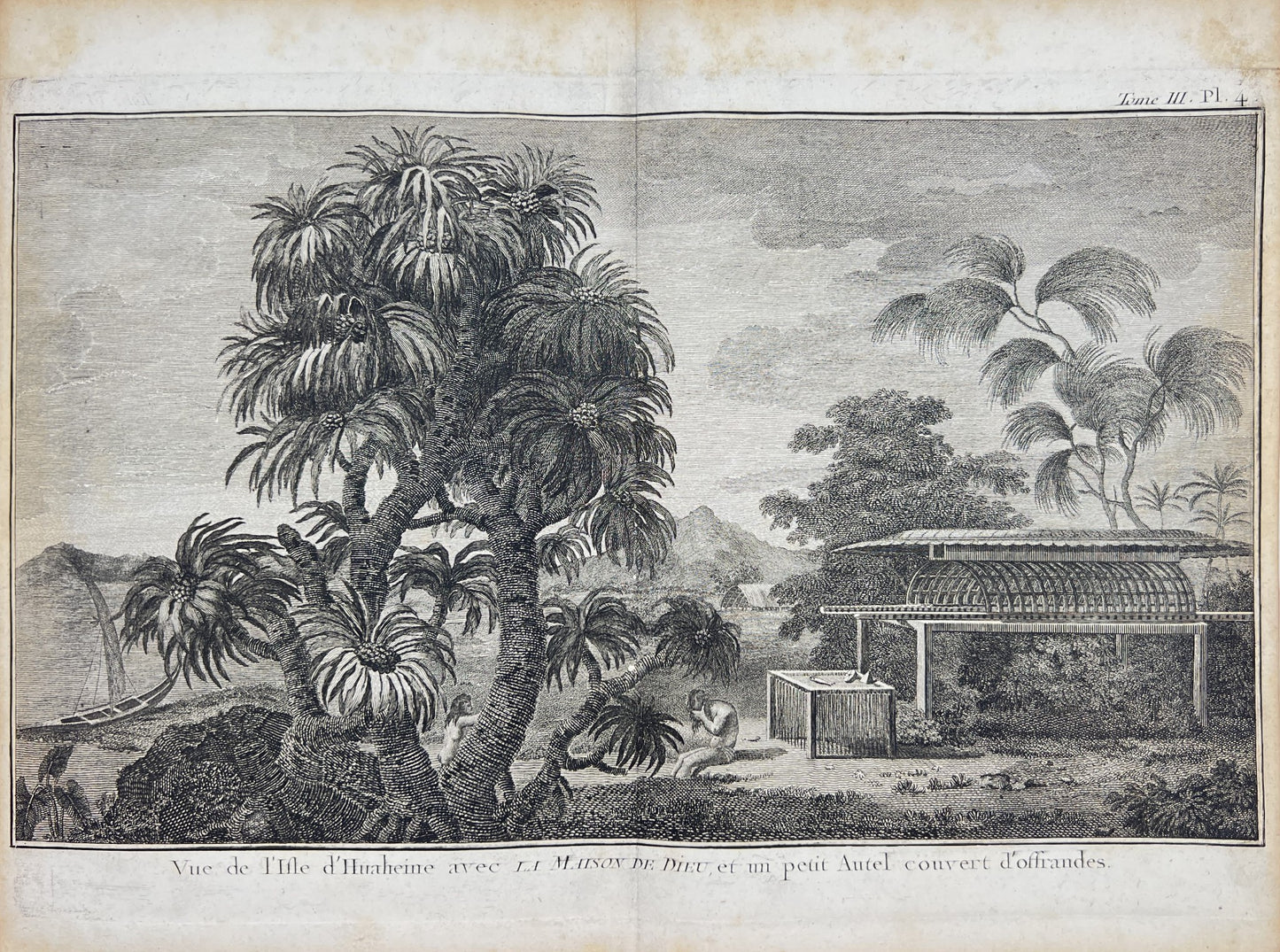 Antique Engraving - Huahine Island - French Polynesian Culture - Captain Cook