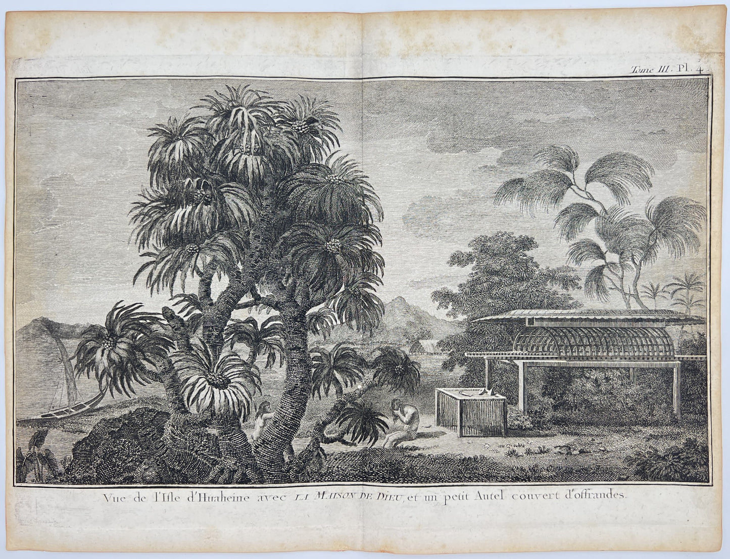 Antique Engraving - Huahine Island - French Polynesian Culture - Captain Cook