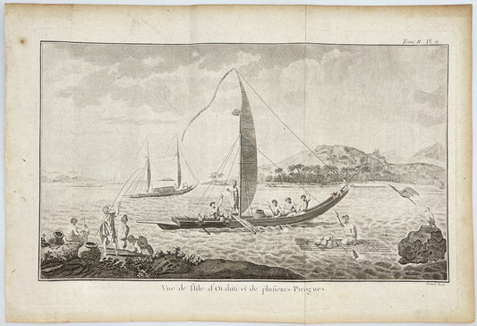 Antique Engraving - View of Matavia Bay - Tahiti - French Polynesia - James Cook