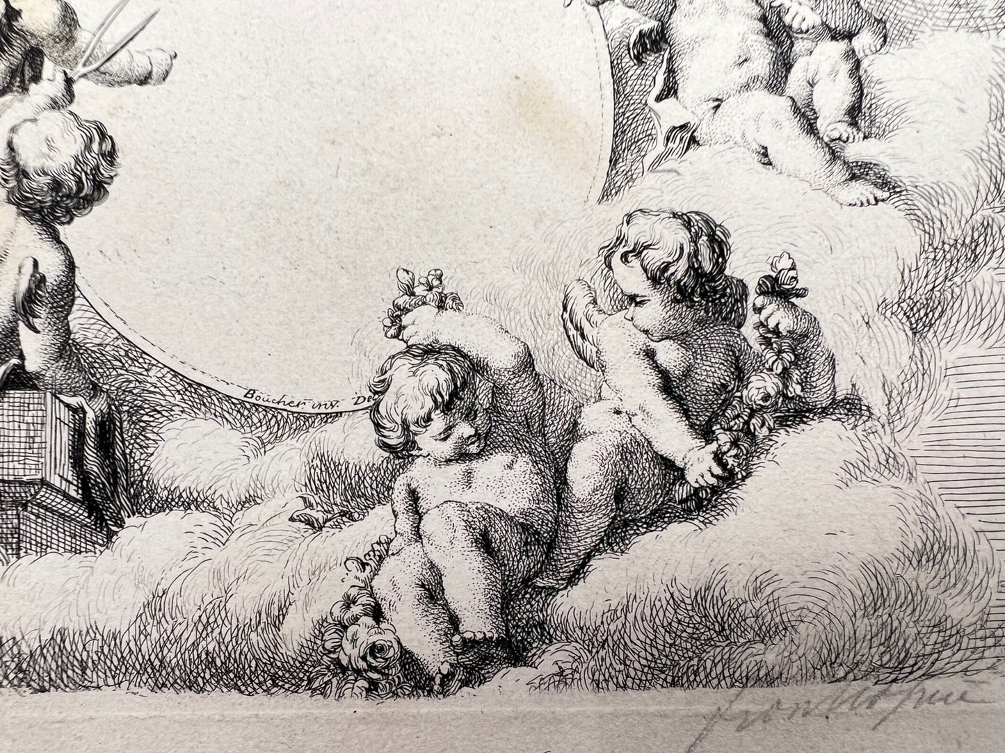 Antique Print - Cupids Around an Empty Medallion - Francois Boucher - France