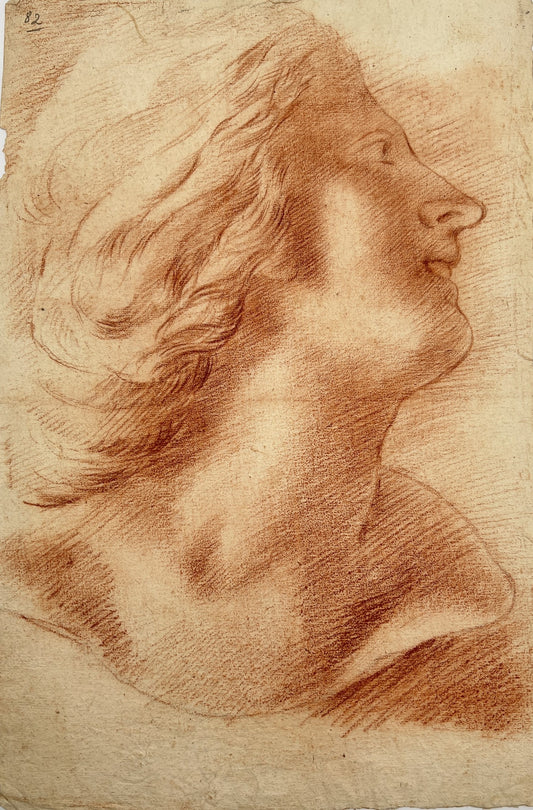 Old Original Drawing - Study of Human Face - Portrait of Young Woman - Red Chulk