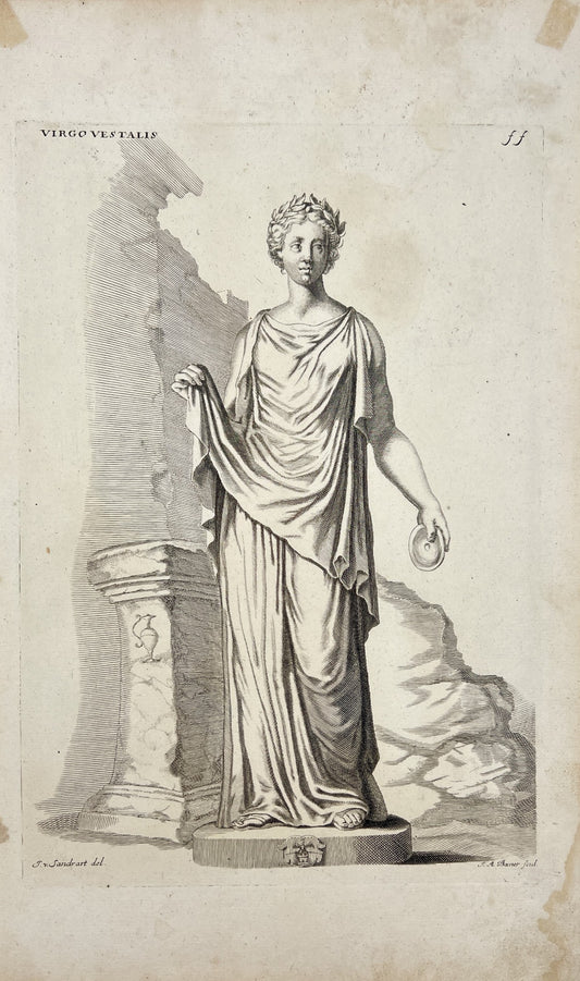 Antique Engraving - Statue - Joachim von Sandrart - Goddess Vesta - Mythology