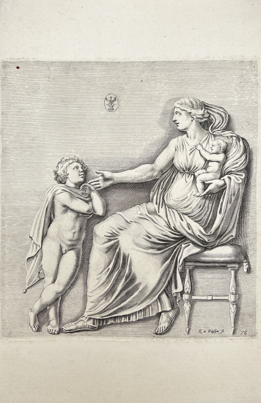 Engraving - Roman Bas-Relief of a Woman with a Child - 17th Century - Sculpture