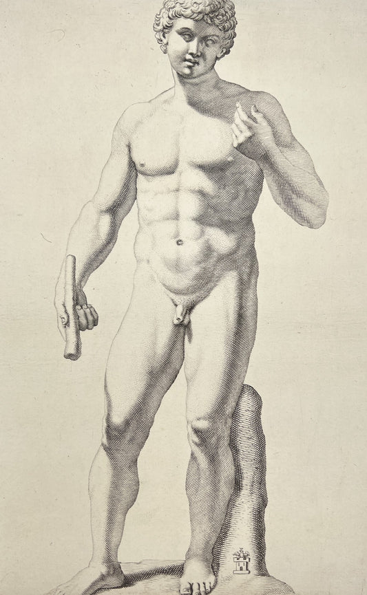 Antique Engraving - Male Nude Roman Statue - 17th Century - Ancient Sculpture