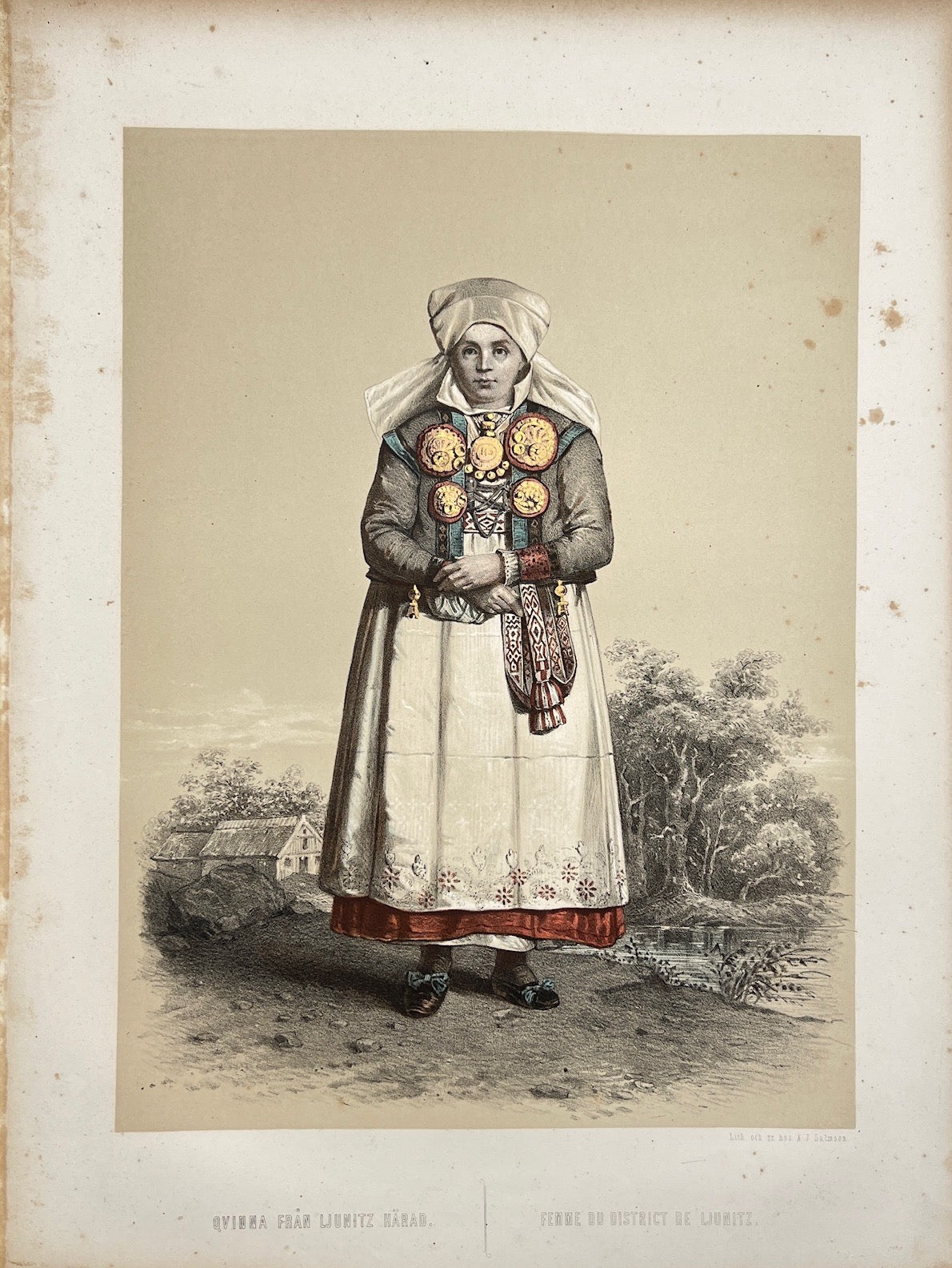 Antique Costume Print - Scanian Folk Costumes - Womam from Ljunitz - Sweden 1872 - Dahlströms Fine Art