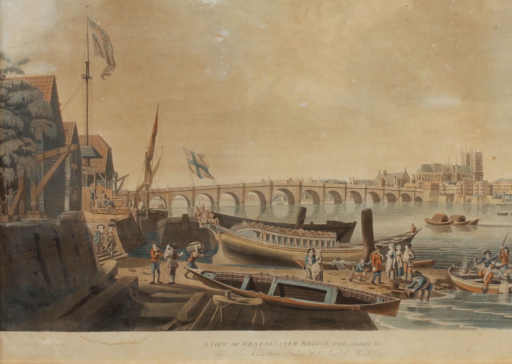 -Original Old London Print - Antique Print - Watercolor - Westminister Bridge - - Dahlströms Fine Art