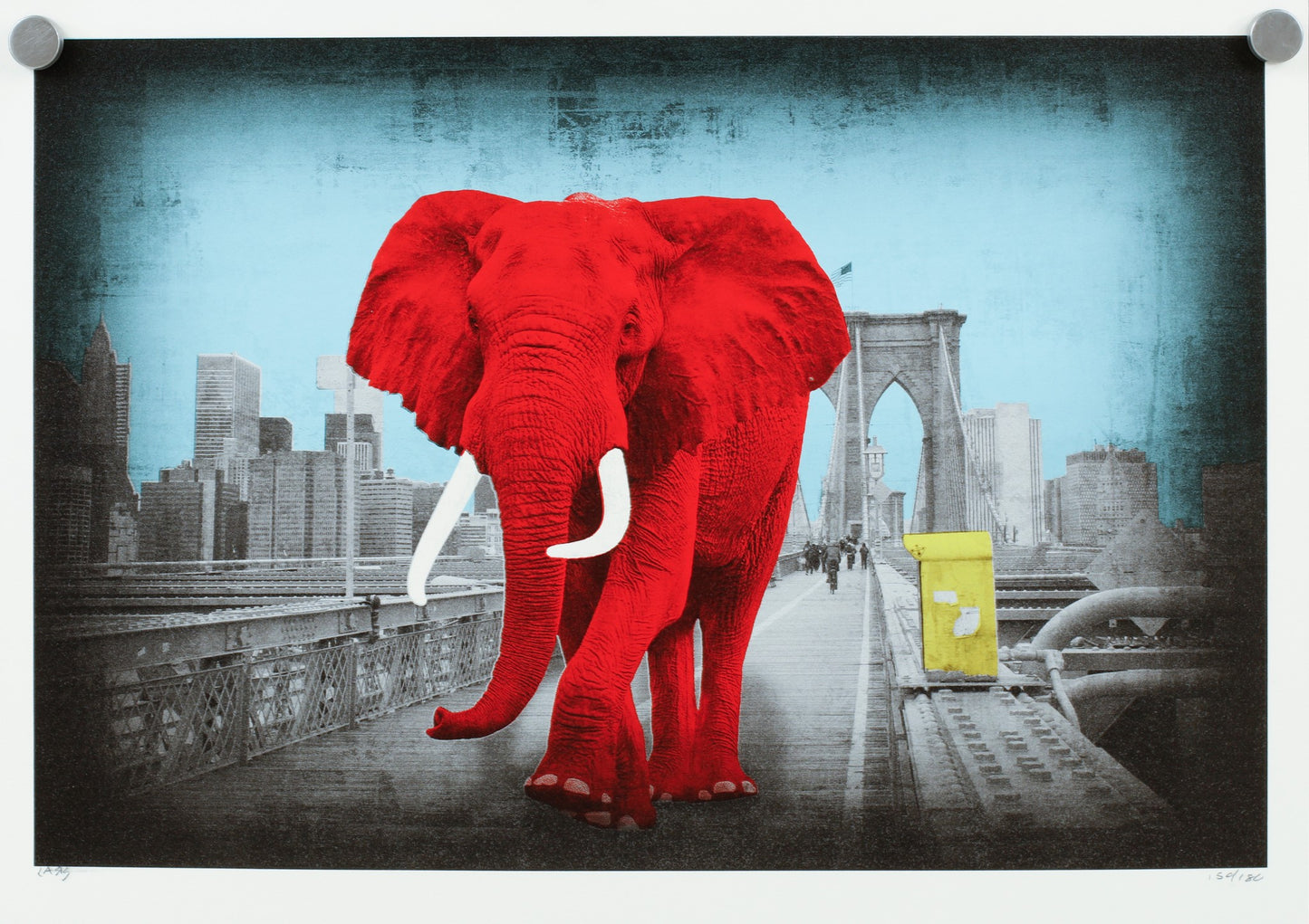 Modern Poster - Lars Tunebo – Tripping on Brooklyn Bridge - Red Elephant - Dahlströms Fine Art