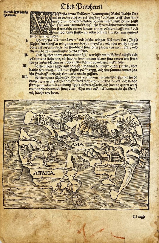 Antique Woodcut Print - Bible - World Map - Gustav Vasabiblen - Sweden,Stockholm