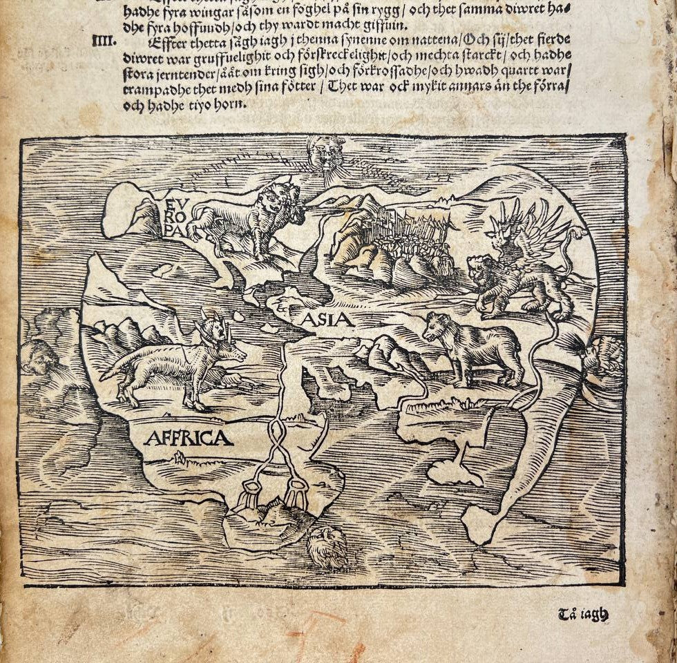 Antique Woodcut Print - Bible - World Map - Gustav Vasabiblen - Sweden,Stockholm
