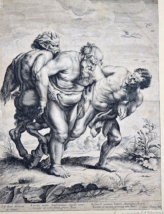Rare Engraving - The Drunken Silenus - Supported by a Satyr and a Faun - 1635