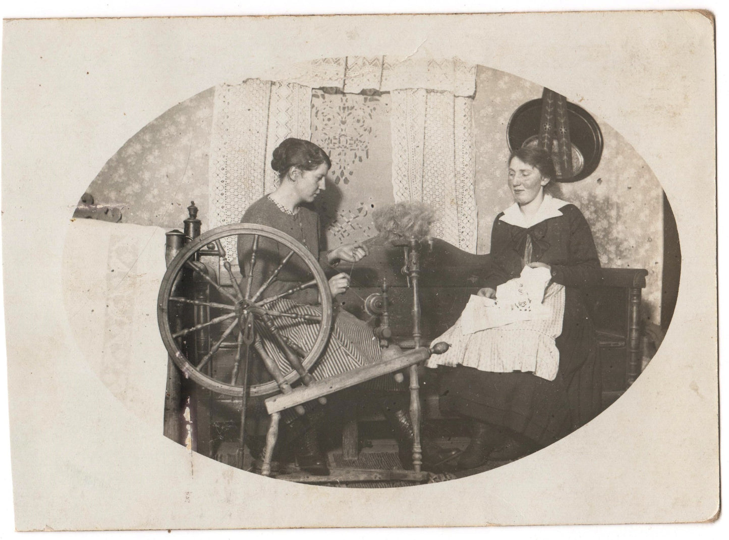 Old Postcard - Handloom - Old Spinning Wheel - Photo of Young Ladies - Spinner