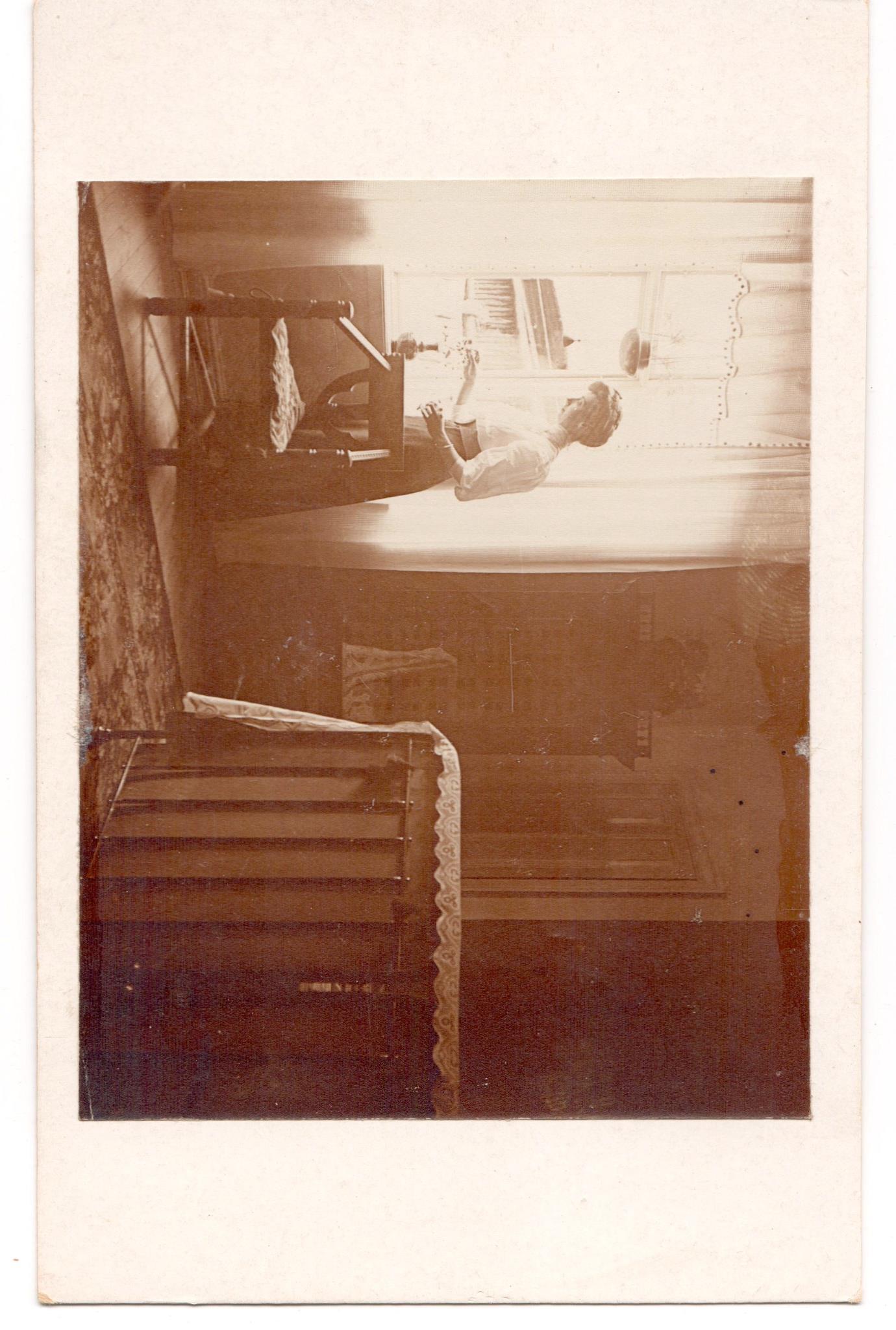 Old Original Tintype Postcard - Portrait of Young Woman at Home - Interior Photo