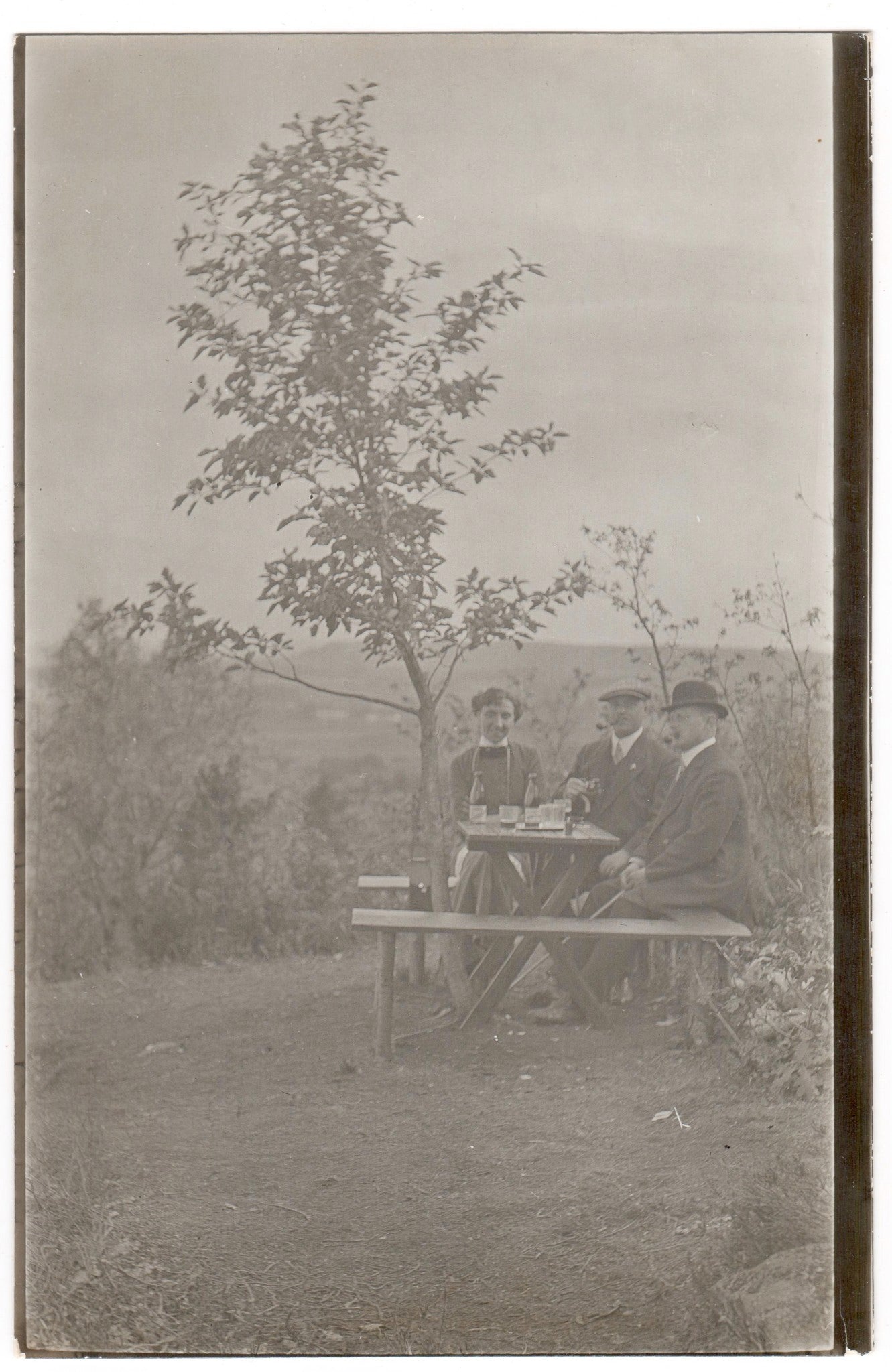 Vintage Postcard - Group Portrait on a Picnic - Sweden - Man with a Smoking Pipe